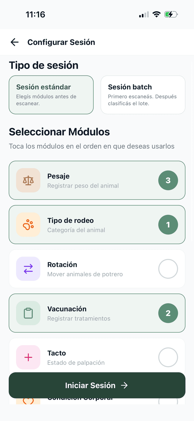 Pantalla de configuración de sesión con módulos seleccionados