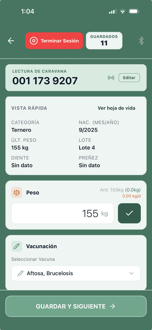 Pantalla de sesión activa con entrada de caravana